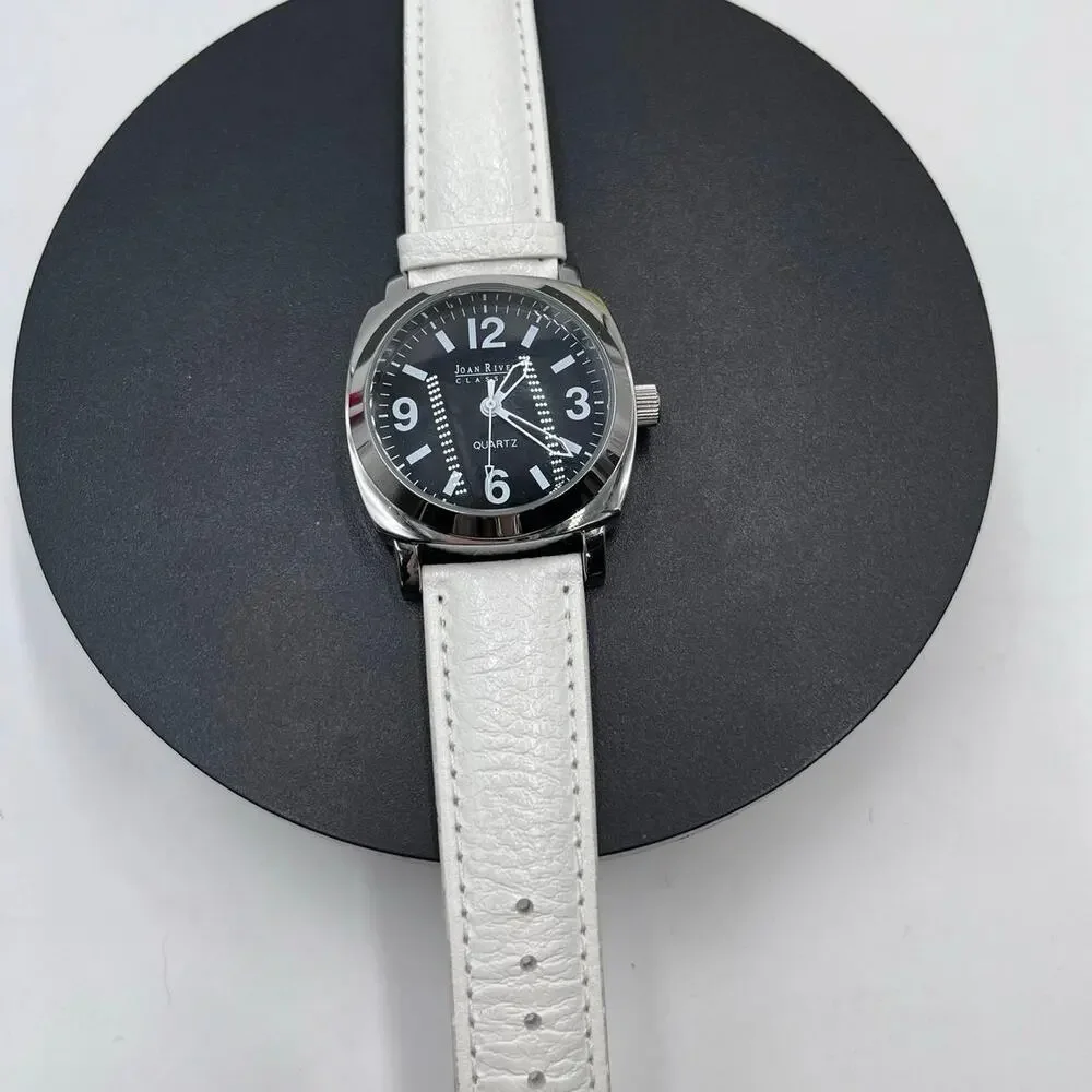 Joan Rivers Collection Vintage White Leather Watch V377 Black Face‎ New Battery